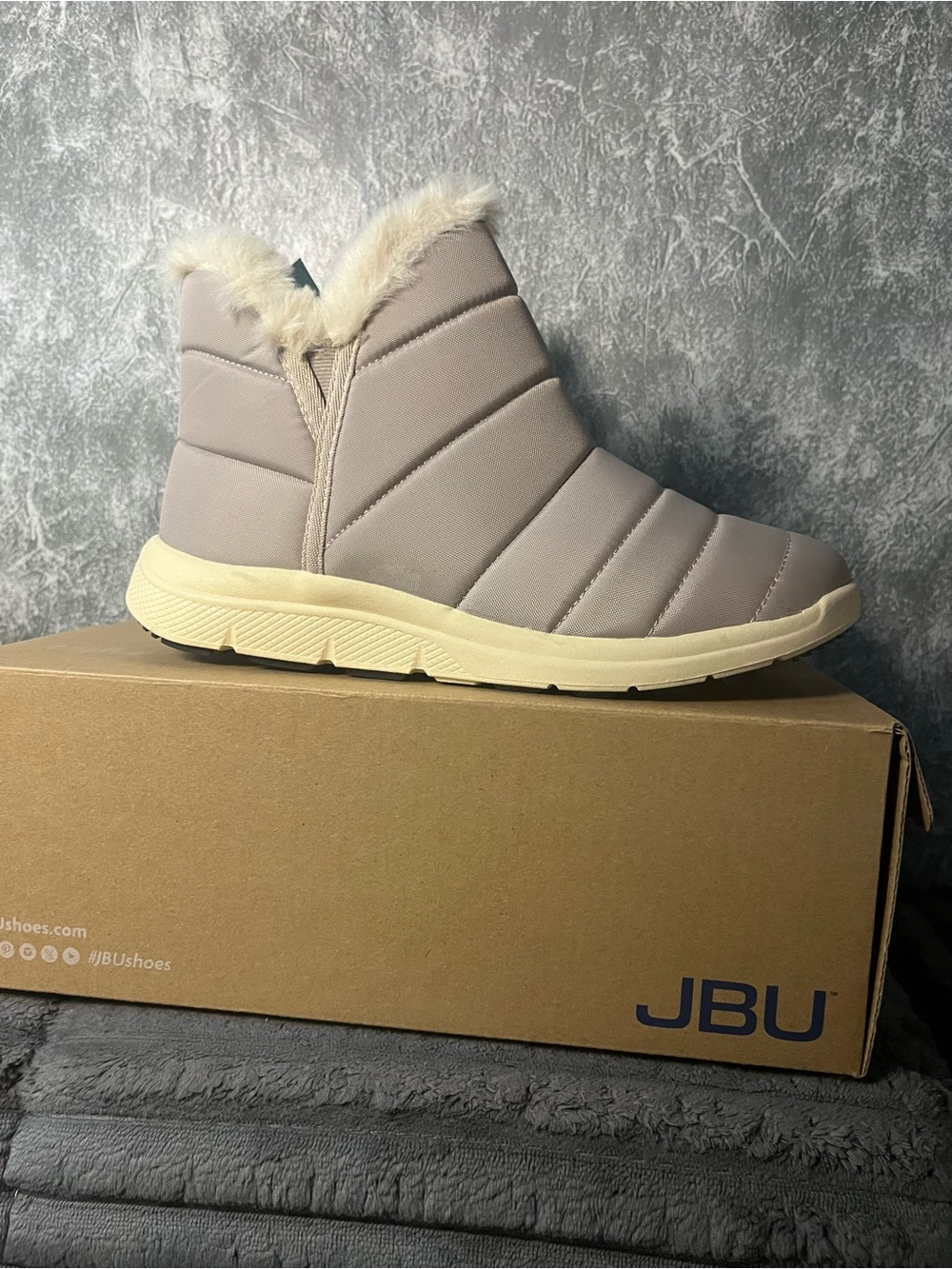 JBU Women's Taupe Quilted Faux-Fur Ankle Boot with Cream Sole